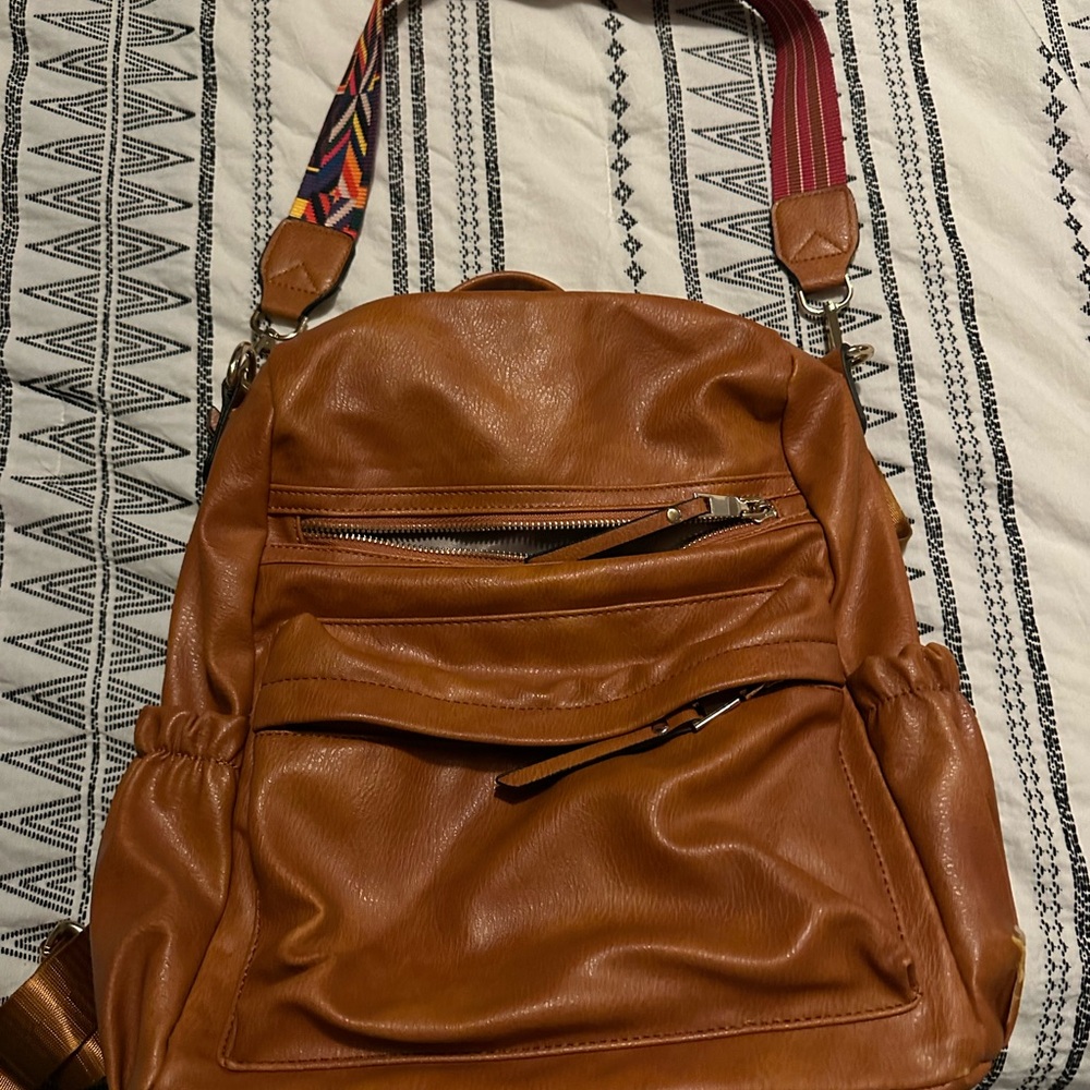 Amazon Tan Leather Backpack with Colorful Strap